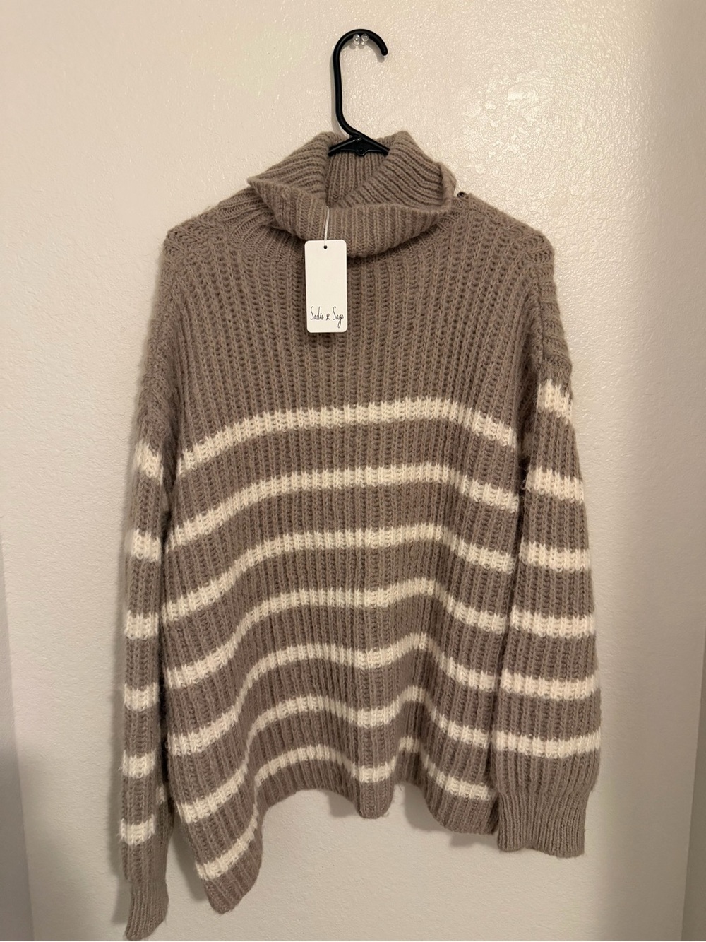 Sadie & Sage Taupe and Cream Striped Cowl Turtleneck Sweater
